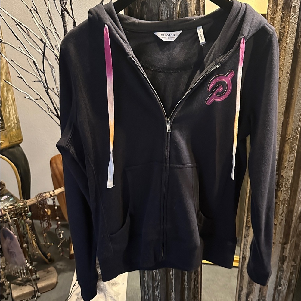 Peloton Gray Hoodie with Pink Logo and Colorful Drawstrings